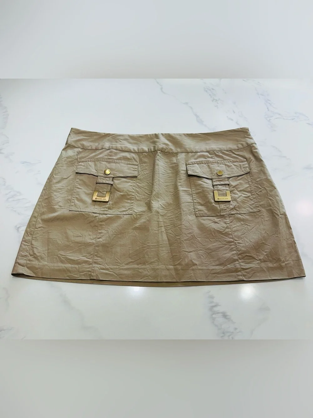 MICHAEL KORS 14~KHAKI UTILITY CARGO MINI SKIRT~FRONT FLAP POCKETS GOLD DETAILS